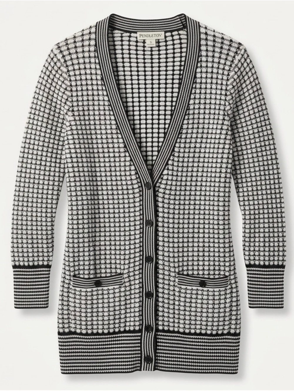 Pendleton Black & White Textured Grid and Stripes Cardigan - capsule wardrobe